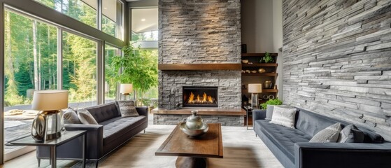 Modern great room features a floor to ceiling stone fireplace, gray tufted sofa paired with two gray armchairs over fluffy rug. Northwest, USA - Powered by Adobe