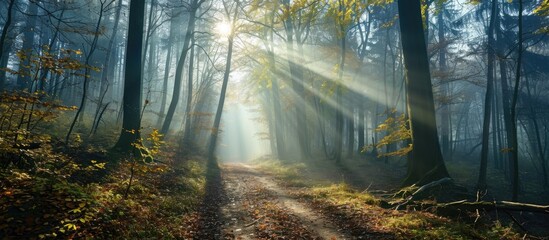 Sunbeams illuminate a footpath through a foggy forest of beech trees.