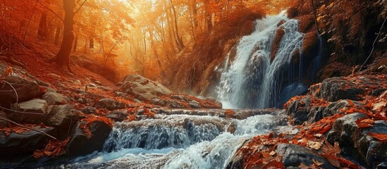 Colorful waterfall in a forest landscape during Autumn season.