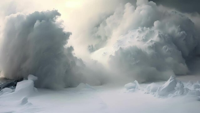 Natures wrath on full display, as a tumultuous blizzard pummels the once serene white landscape into chaos.