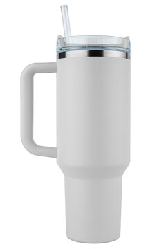 Tumbler. Reusable water bottle. Travel cup for drinking. Thermos mug for iced coffee, tea. Simple modern classic Insulated tumbler with straw and flip lid. Stainless Steel bottle. Isolated background