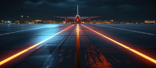 Airplane runway at night, flashes of light, orange, blue, red