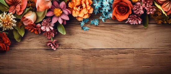Copy space background. colorful flowers on wood, brown