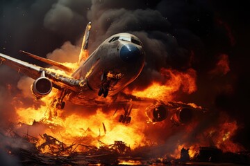 Airplane in the fire on a dark background. Collage, Plane crash, plane on fire and smoke, AI Generated