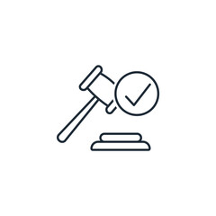 Judge's gavel with a check mark. Judicial approval, verdict.  Vector linear icon illustration isolated on white background.