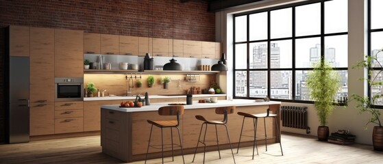 modern loft style kitchen interior. 3d rendering design concept