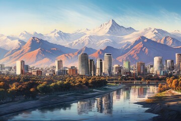 Mt. Fuji and cityscape of Yamanashi, Japan, Panorama von Santiago, Chile, mit Andenkordillere, AI Generated - obrazy, fototapety, plakaty