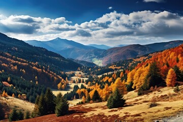 Autumn alpine landscape in the Dolomites, Italy, Panoramic mountain autumn landscape, AI Generated