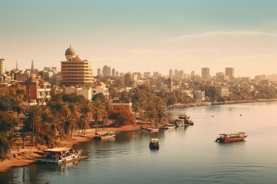 View of the city from the river, Panorama of Cairo, the seafront of the Nile River, AI Generated