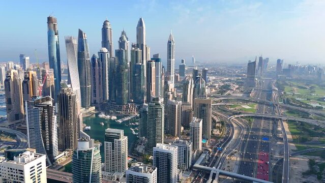Aerial view of Dubai Marina. Dubai Marina is an affluent residential neighborhood known for The Beach.