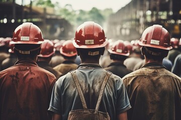 Rear view of a group of workers at a construction site, Rear view of a group of mine workers wearing helmets, AI Generated - obrazy, fototapety, plakaty