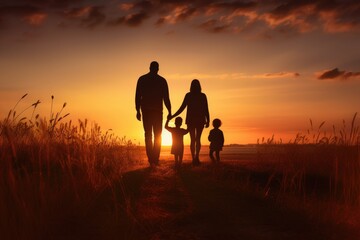 Silhouette of a family walking in the field at sunset, Rear view of a happy family at sunset, AI Generated