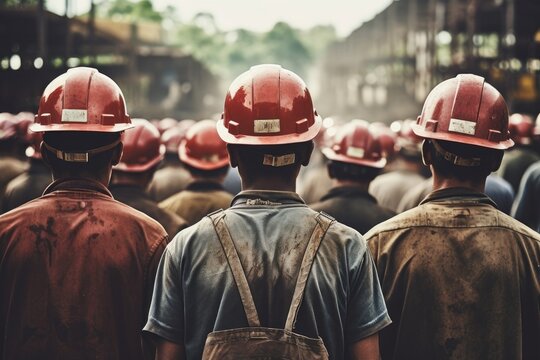 Rear view of a group of workers at a construction site, Rear view of a group of mine workers wearing helmets, AI Generated