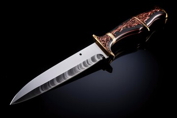 hunting knife on a black background with a shadow on the table, Knife on a black background HD 8K wallpaper stock photographic image, AI Generated