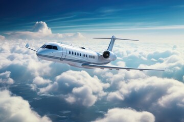 Obraz premium Airplane flying in the blue sky with clouds. 3d rendering, Private jet flying over the earth, with an empty blue sky and white clouds in the background, AI Generated