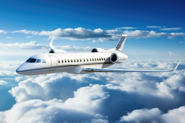 Obraz premium Modern private jet flying above clouds. 3D illustration. Business travel concept, Private jet flying over the earth, with an empty blue sky and white clouds in the background, AI Generated