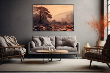 Modern living room interior design. 3d rendering mock up poster frame, Living room interior HD 8K wallpaper stock photographic image, AI Generated