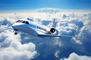 White private jet flying in the blue sky with clouds. 3d rendering, Private jet flying over the earth, with an empty blue sky and white clouds in the background, AI Generated