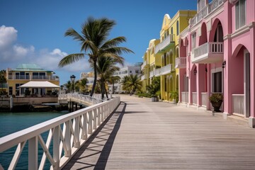 View of colorful buildings in Miami Beach, Florida, Promenade at the marina of Bridgetown, Barbados, AI Generated