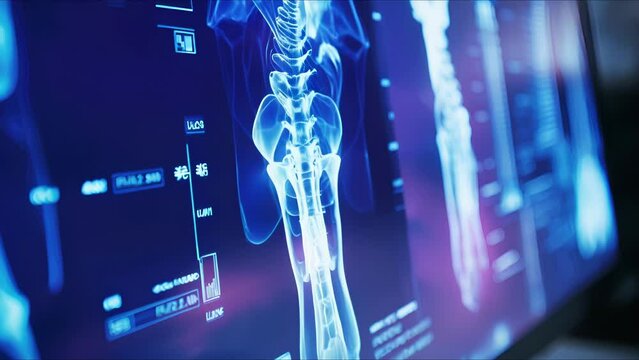 Screen of a holographic medical display showing a closeup of a patients broken bone.