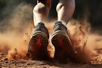 Close-up of running athlete feet on sand during running race, Rear view closeup sport shoe of a racer running on a trail with dust, AI Generated