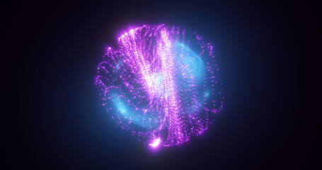 Abstract blue purple energy glowing digital sphere atom made of iridescent energy from moving electric plasma liquid on black background