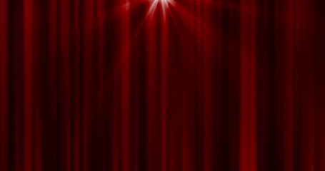 Abstract red curtain background in a theater or stage illuminated by spotlight lamps made of iridescent stripes and lines