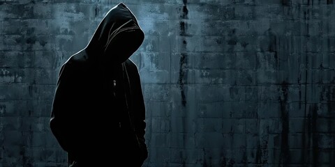 Shrouded in darkness. Unrecognizable criminal figure in hooded silhouette. Faceless threat. Mysterious man in shadows symbol of urban menace. Anonymous and dangerous unseen face of crime - obrazy, fototapety, plakaty