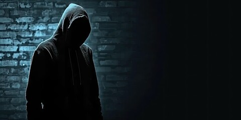 Shrouded in darkness. Unrecognizable criminal figure in hooded silhouette. Faceless threat. Mysterious man in shadows symbol of urban menace. Anonymous and dangerous unseen face of crime - obrazy, fototapety, plakaty