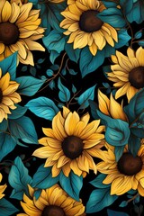 Sunflower and Leaves Floral Pattern Retro Flowers Wallpaper Vintage Nature Painting Garden Plants Textile Cottagecore Fashion Design