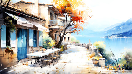 Watercolor painting of a cafe on the shore of Lake.