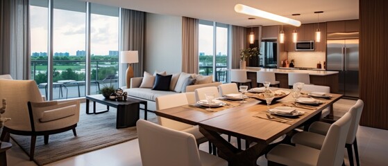 Outlook of the luxury living suite : dining room and the kitchen at the back with two modern leather chairs in front of