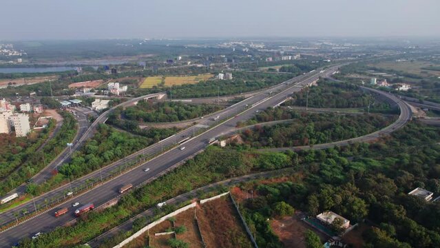 aerial view of nehru outer ring road in hyderabad, telangana, india. daytime drone shot