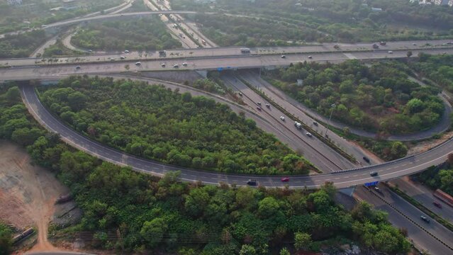 multiple roads junction of hyderabad nehru outer ring road aerial drone shot daytime