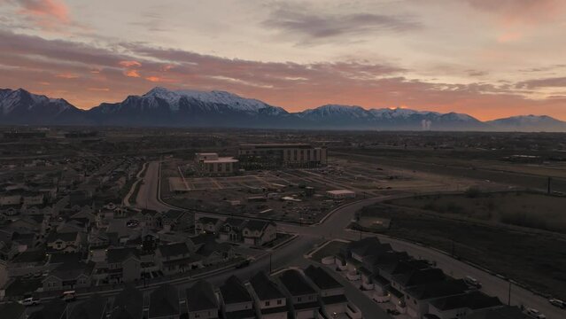Lehi, Utah sunrise aerial hyper lapse with a view of the Primary Children's Hospital