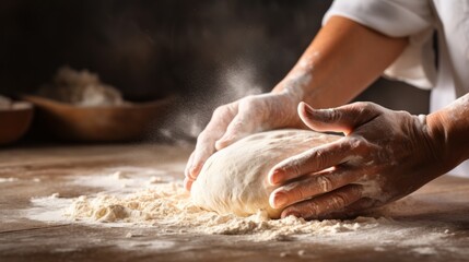Bakers hands kneading dough for artisan fresh bread for the bakery - obrazy, fototapety, plakaty