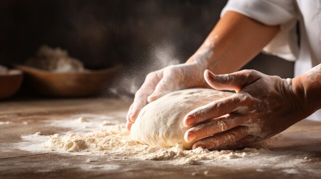 Bakers hands kneading dough for artisan fresh bread for the bakery