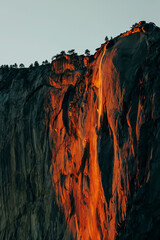 Horse tail waterfall in Yosemite national park glowing in sunset light in February, Fire fall,...