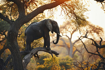 An elephant is standing on the branches of a large tree. No one knows how it got up there, but...