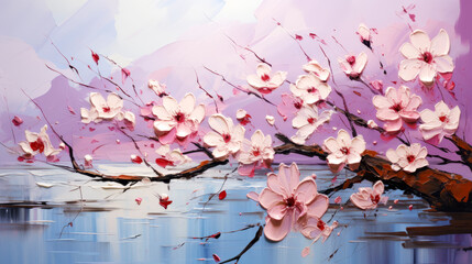 Cherry blossom, watercolor painting on canvas, spring background. - obrazy, fototapety, plakaty