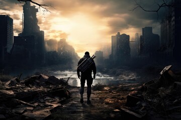 Silhouette of a special forces soldier standing in front of a destroyed city, Lone soldier walking in a destroyed city, AI Generated