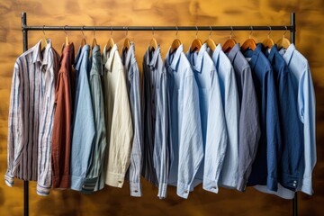 Men's shirts on a hanger on a yellow wall background, Men's shirts, washed and neatly ironed, AI Generated