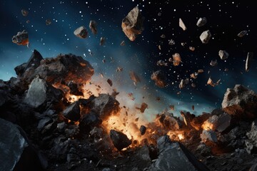 Falling meteorite in the night sky. 3D rendering, Meteorite explosions, fragments, and pieces of stones, AI Generated
