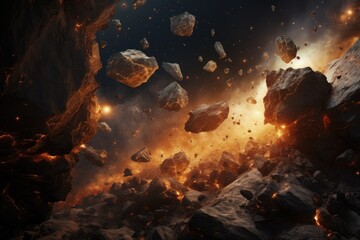 Fractal 3D illustration of a meteorite falling into a cave, Meteorite explosions, fragments, and pieces of stones, AI Generated