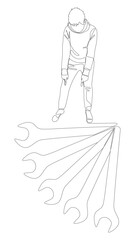 One continuous line of Man pointing with finger at Wrench. Thin Line Illustration vector concept. Contour Drawing Creative ideas.