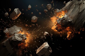 Sparks from the explosion of rocks. 3D rendering, Meteorite explosions, fragments, and pieces of stones, AI Generated