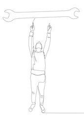 One continuous line of Man pointing with finger at Wrench. Thin Line Illustration vector concept. Contour Drawing Creative ideas.