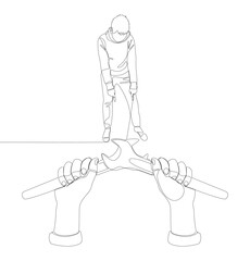 One continuous line of Man pointing with finger at Wrench. Thin Line Illustration vector concept. Contour Drawing Creative ideas.