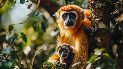 Obraz premium Yellow-cheeked gibbon monkey hugs baby in forest, natural wildlife environment