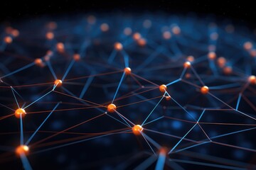 Abstract 3D rendering of network connection structure. Futuristic background with connecting dots and lines, Modern digital abstract 3D background suitable for describing network, AI Generated - obrazy, fototapety, plakaty